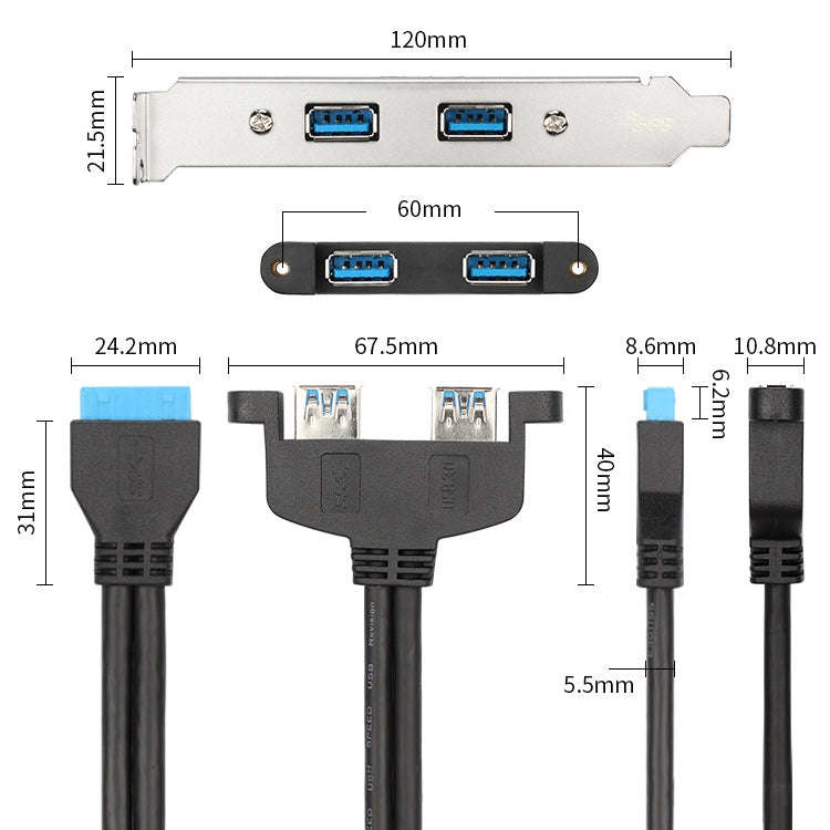50CM USB3.0 Rear PCI Baffle Line Full Height Chassis DIY With Ear 20pin Transfer Cable(Black)