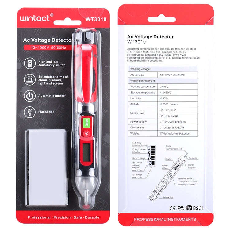 WINTACT WT3010  LED AC Voltage Tester Non-Contact Detector Pen 12-1000V AC Voltage Detector