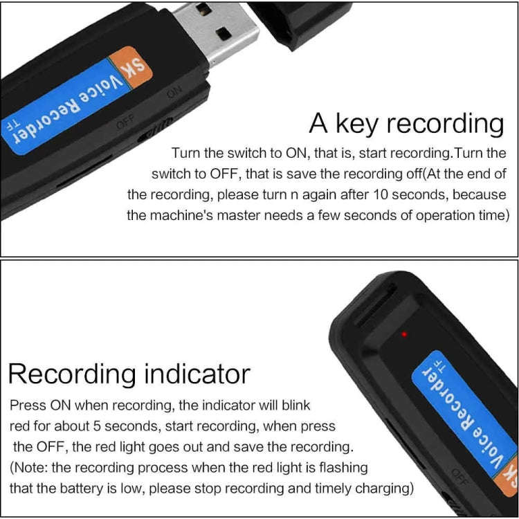 SK001 Rechargeable U-Disk Portable USB Voice Recorder, No Memory (Black)