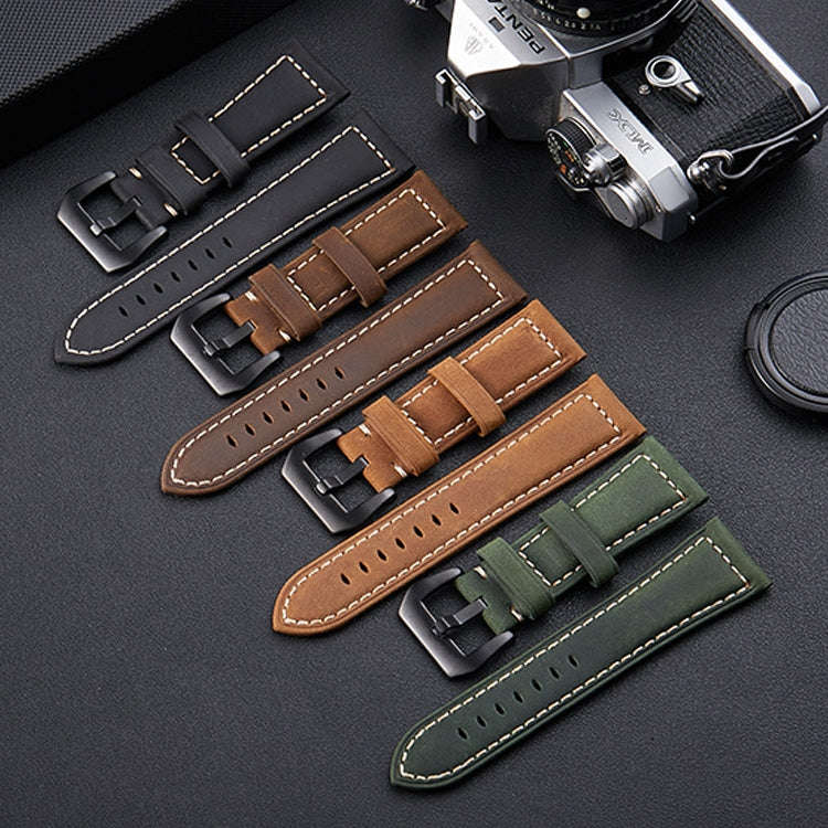 Crazy Horse Layer Frosted Silver Buckle Watch Leather Watch Band, Size: 24mm (Dark Brown)