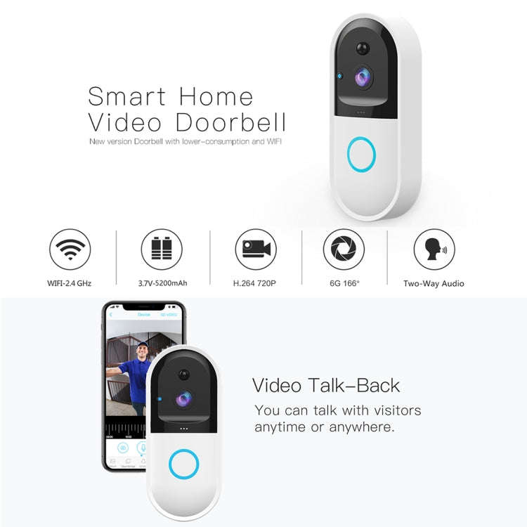 B50 720P Smart WiFi Video Visual Doorbell, Support Phone Remote Monitoring & Night Vision & SD Ca...