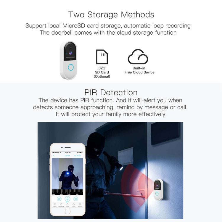 B50 720P Smart WiFi Video Visual Doorbell, Support Phone Remote Monitoring & Night Vision & SD Ca...