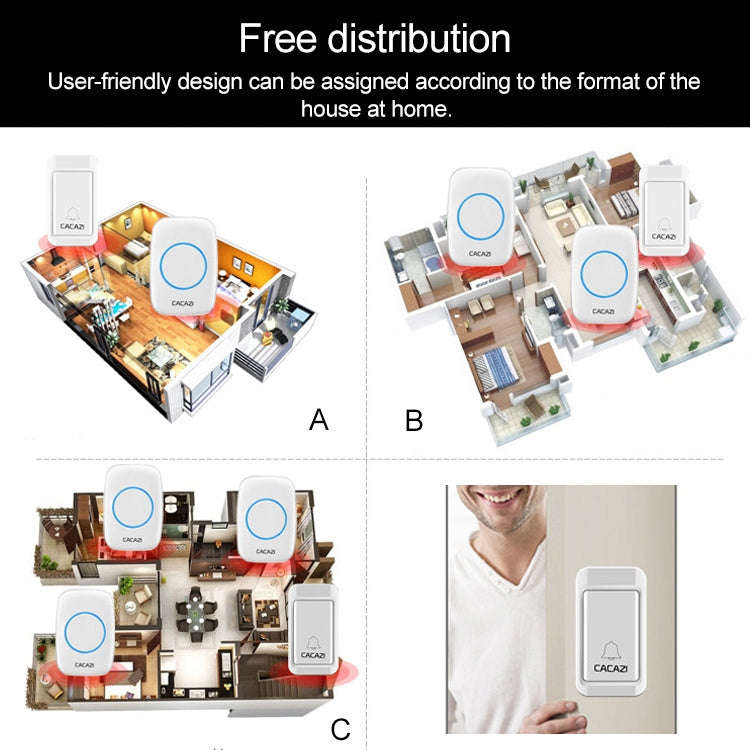 CACAZI A10G One Button Three Receivers Self-Powered Wireless Home Cordless Bell, US Plug(Black)