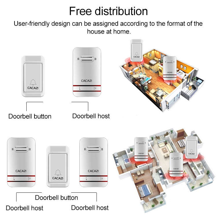 CACAZI V027G One Button Three Receivers Self-Powered Wireless Home Kinetic Electronic Doorbell, U...