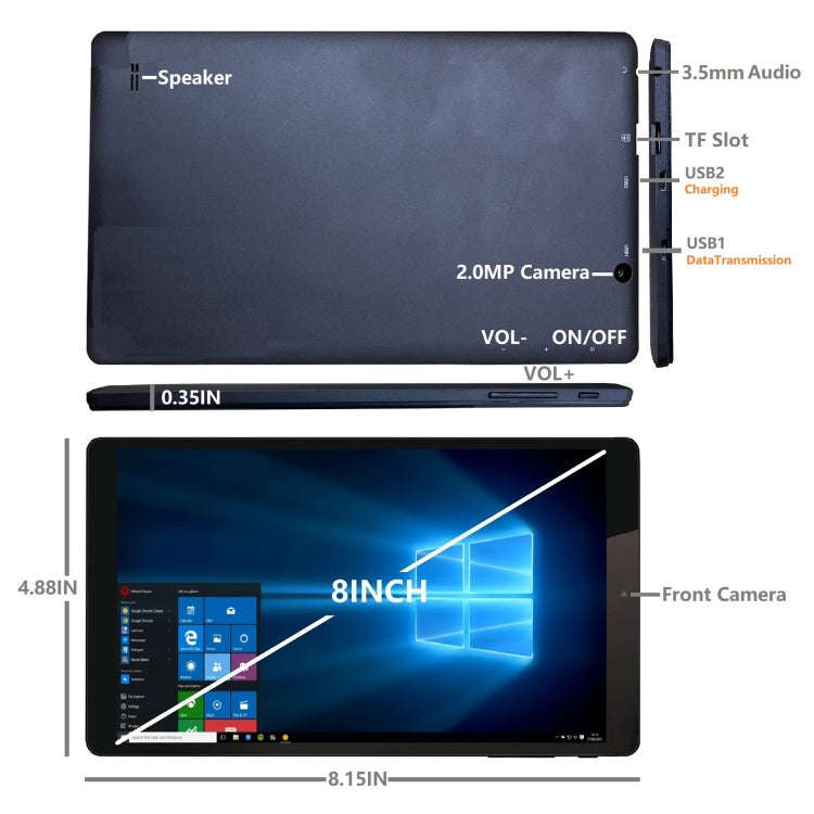 HSD8001 Tablet PC, 8 inch, 2GB+64GB, Windows 10, Intel Atom Z8300 Quad Core, Support TF Card & HD...