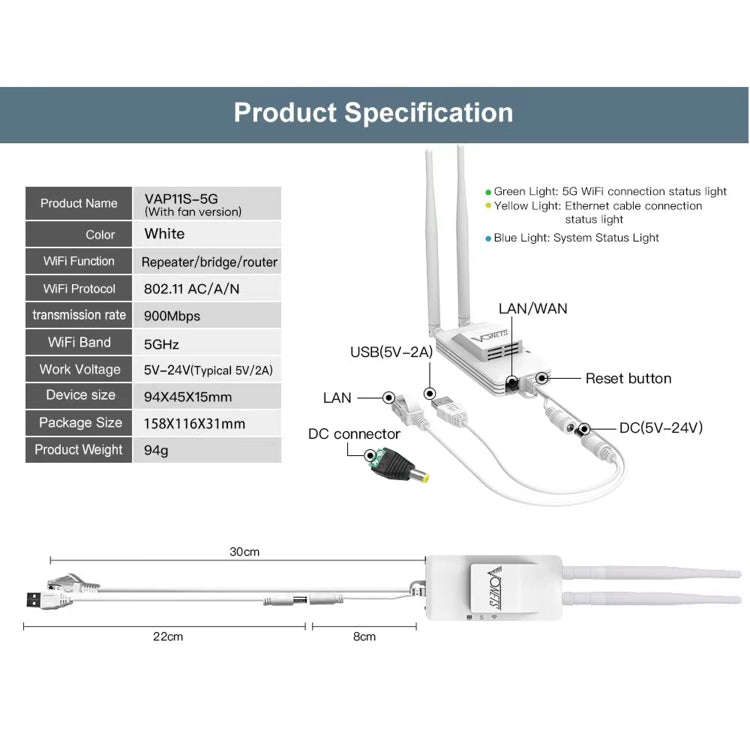 VONETS VAP11S-5G Mini Wireless Bridge 900Mbp WiFi Repeater with 2 Antennas & Fan (White)