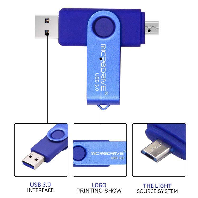 MicroDrive 16GB USB 3.0 Android Phone & Computer Dual-use Rotary Metal U Disk (Black)