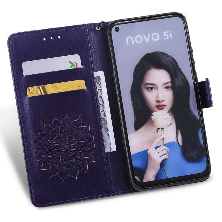 Pressed Printing Sunflower Pattern Horizontal Flip PU Leather Case for Huawei Nova 5i / P20 Lite ...