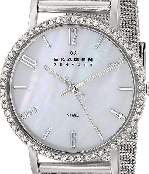 Authentic SKAGEN Denmark Ultra Slim Crystal Accented Mother Of Pearl Ladies Watch