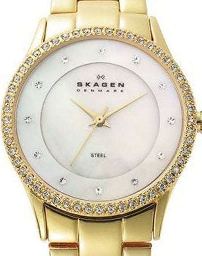 Authentic SKAGEN Denmark Ultra Slim Crystal Accented Mother Of Pearl Ladies Watch
