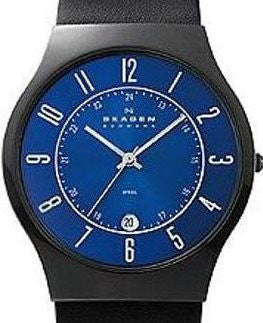 Authentic SKAGEN Denmark Ultra Slim Blue Dial Black Leather Mens Watch