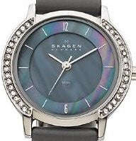 Authentic SKAGEN Denmark Ultra Slim Crystal Accented Blue Mother Of Pearl Ladies Watch
