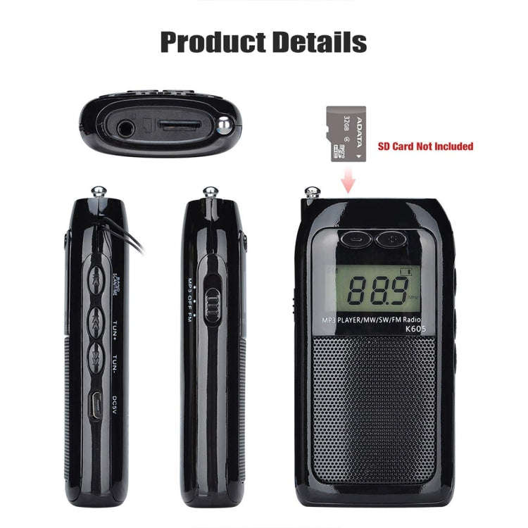 K-605 Portable FM / AM / SW Full Band Stereo Radio, Support TF Card (Black)
