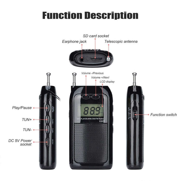 K-605 Portable FM / AM / SW Full Band Stereo Radio, Support TF Card (Black)