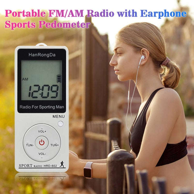 HRD-602 Digital Display FM AM Mini Sports Radio with Step Counting Function (White)