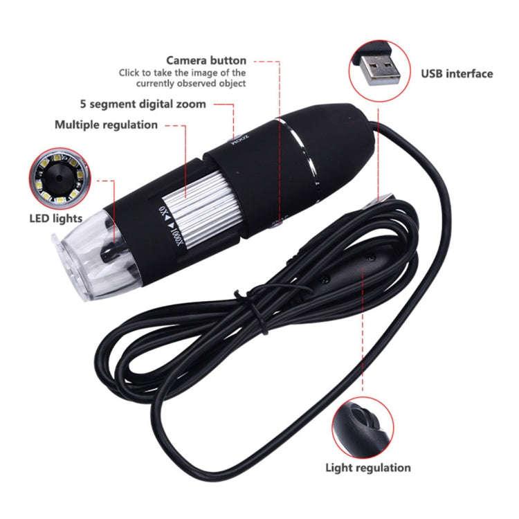 1000X Magnifier 0.3MP Image Sensor USB Digital Microscope with 8 LED & Professional Stand(Black)