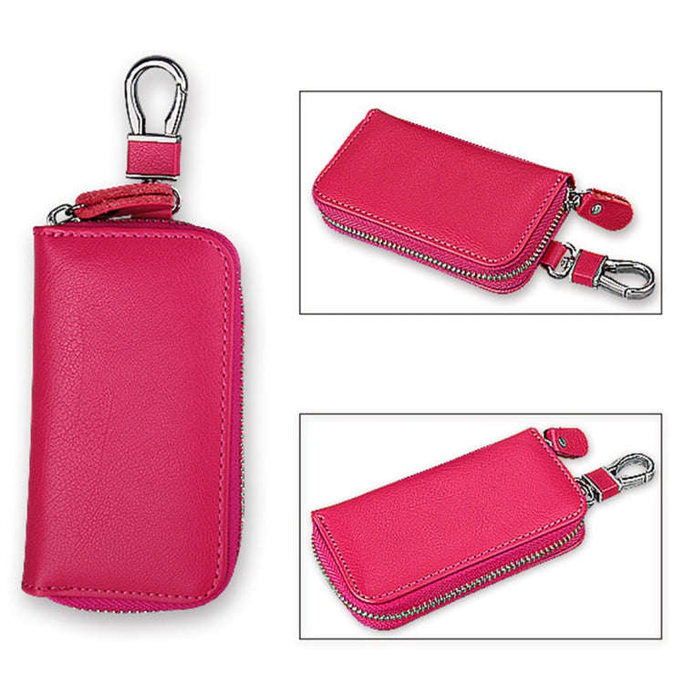 9092 Business Style Multifunctional Genuine Leather Zipper Car Key Bag(Magenta)