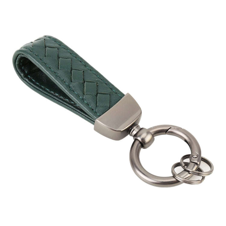 Car Metal + Braided Leather Key Ring Keychain (Dark Green)
