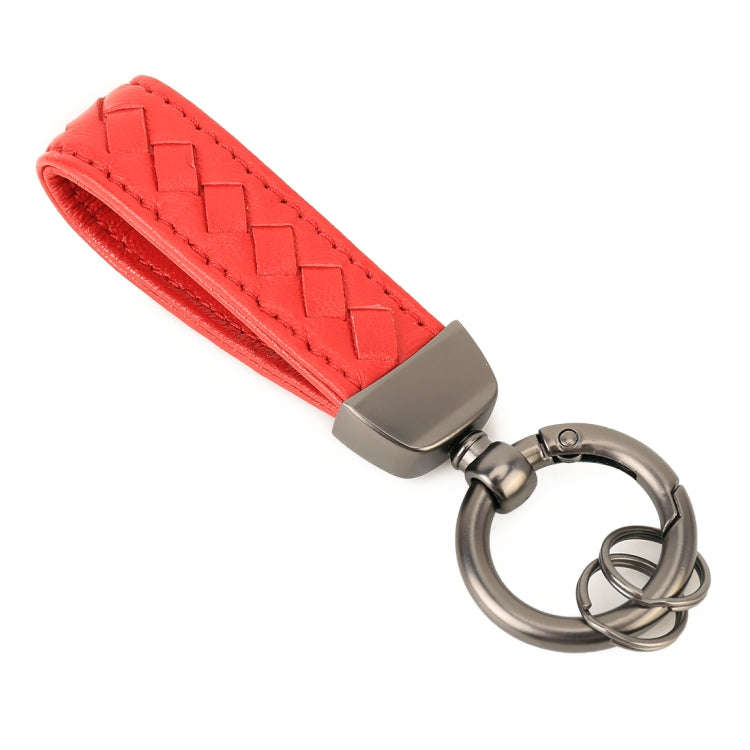 Car Metal + Braided Leather Key Ring Keychain (Red)
