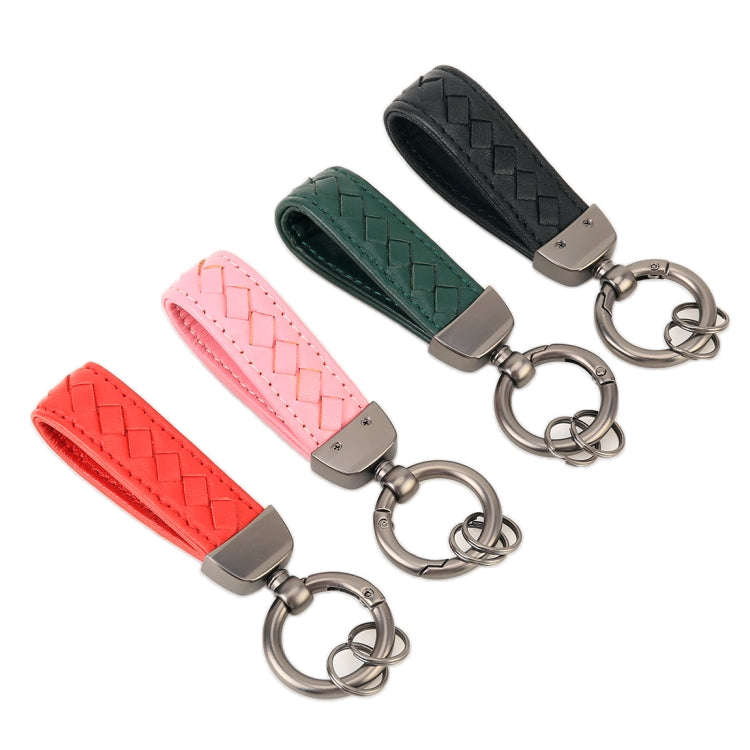 Car Metal + Braided Leather Key Ring Keychain (Red)