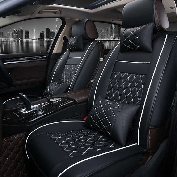 Car Leather Full Coverage Seat Cushion Cover, Luxury Version,Only One Front Seat(Black White)