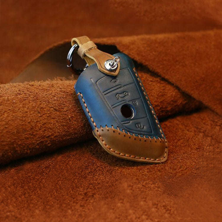 For BMW Blade Style Car Cowhide Leather Key Protective Cover Key Case, Three Keys Version (Blue)