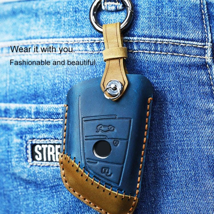 For BMW Blade Style Car Cowhide Leather Key Protective Cover Key Case, Three Keys Version (Blue)