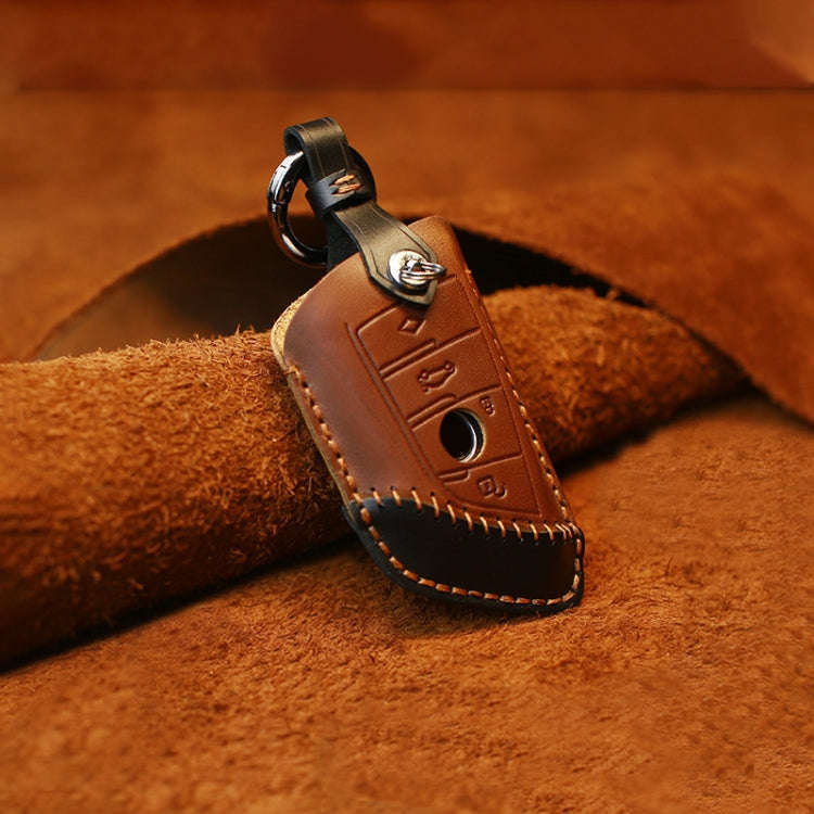 For BMW Blade Style Car Cowhide Leather Key Protective Cover Key Case, Three Keys Version (Brown)