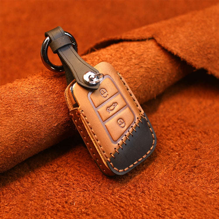 For Volkswagen Car Cowhide Leather Key Protective Cover Key Case, A Version(Brown)