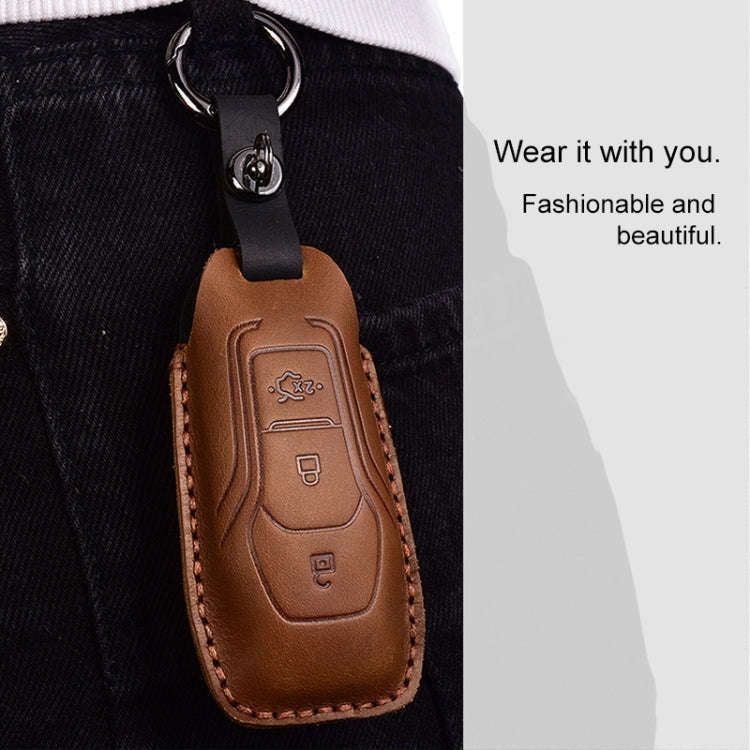 For Ford Old Style Car Cowhide Leather Key Protective Cover Key Case (Blue)
