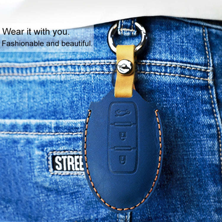 For Nissan Car Cowhide Leather Key Protective Cover Key Case, Three Keys Tailgate Version (Blue)