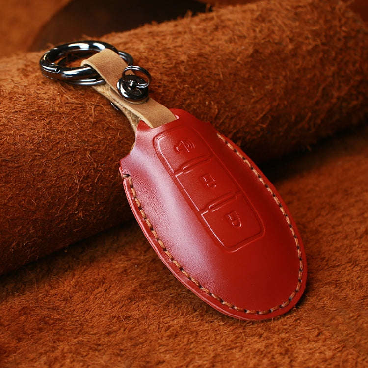 For Nissan Car Cowhide Leather Key Protective Cover Key Case, Three Keys Horn Version (Red)