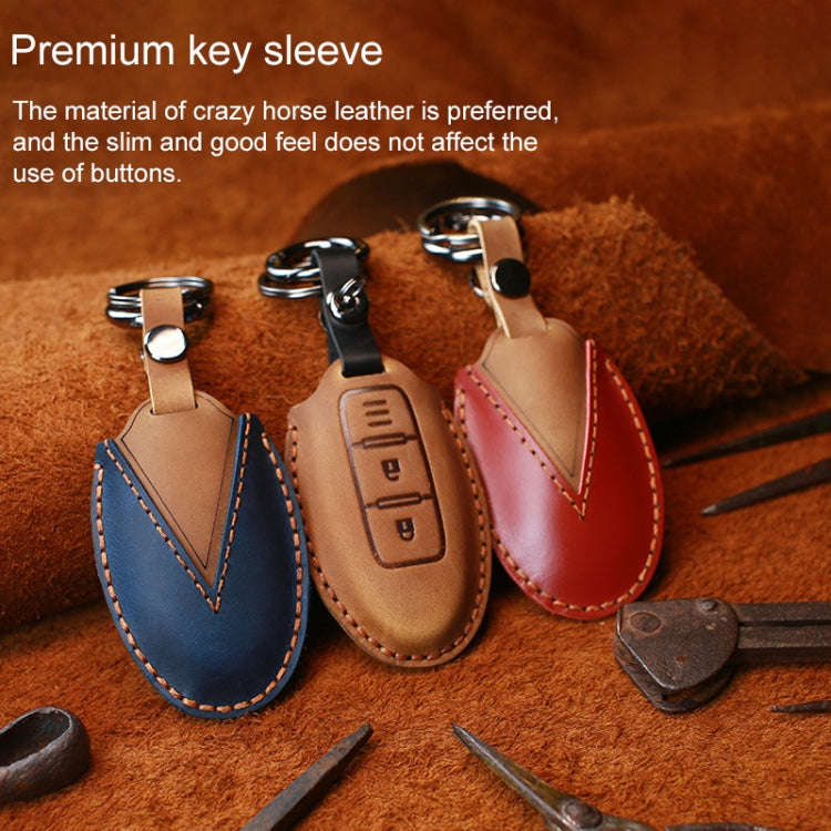 For Nissan Car Cowhide Leather Key Protective Cover Key Case, Three Keys Horn Version (Red)