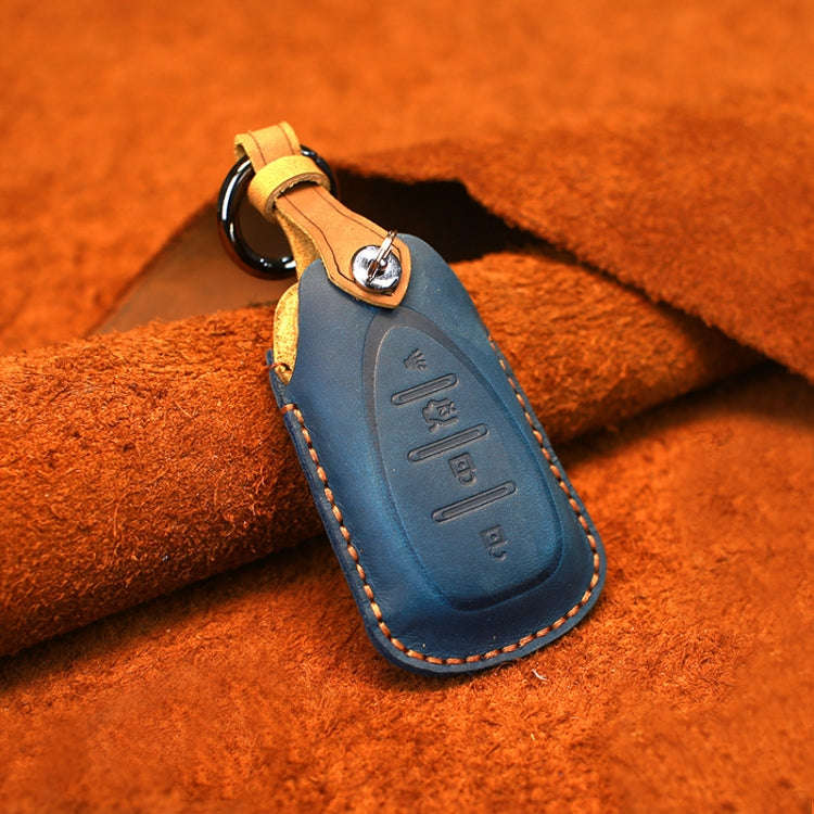 For Chevrolet Car Cowhide Leather Key Protective Cover Key Case, Four Keys Version (Blue)