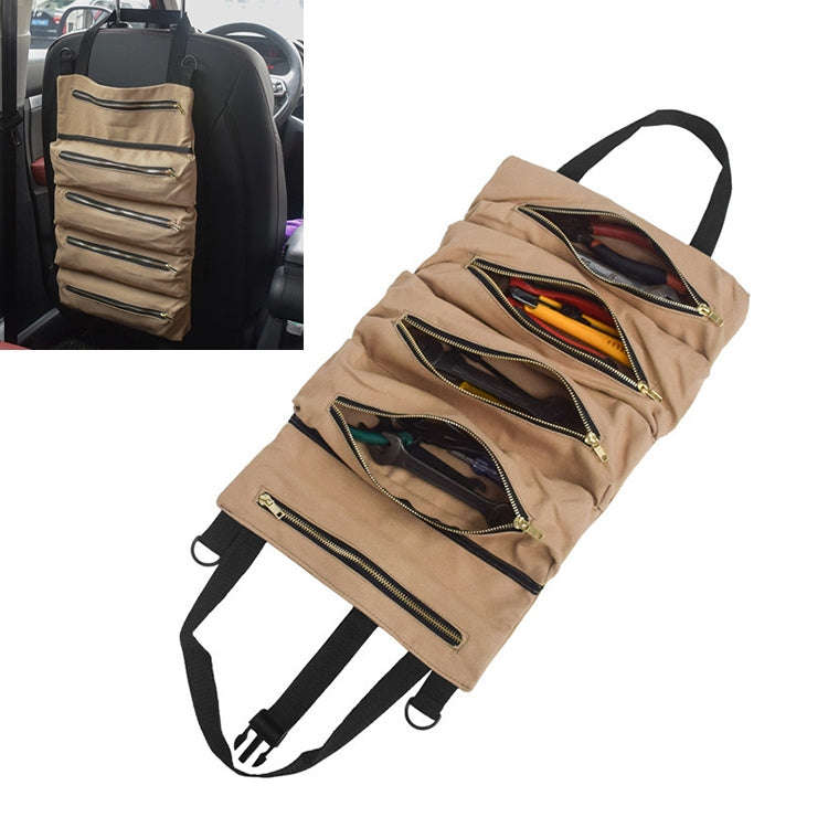 Car Auto Multi-function Canvas Storage Bag Portable Tool Bag Hanging Pocket Bag (Khaki)