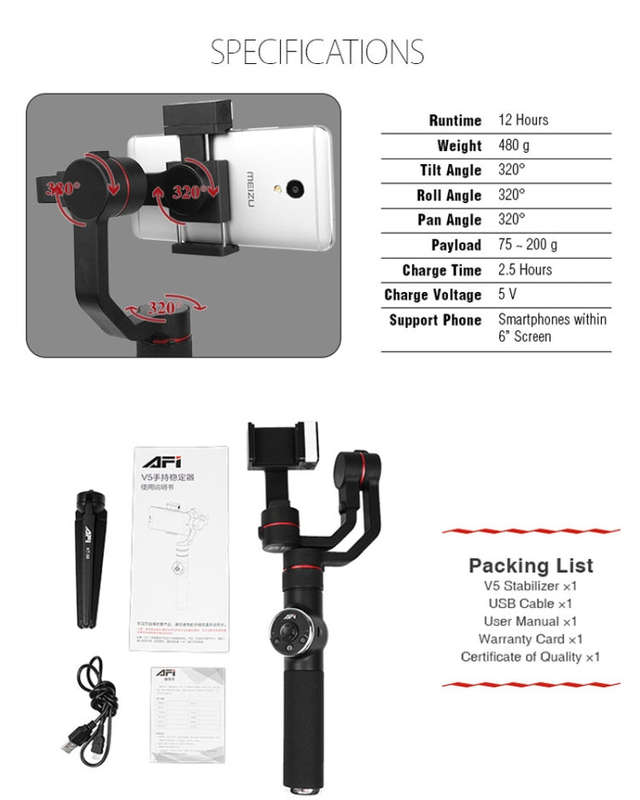 AFI V5 Smooth 3-Axis Handheld Aluminum Brushless Gimbal Stabilizer with Tripod Mount & Fill Light...
