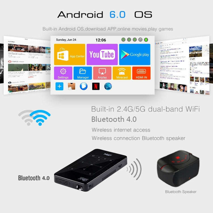 P09 Portable 4K Ultra HD DLP Mini Smart Projector with Infrared Remote Control, Amlogic S905X 4-C...