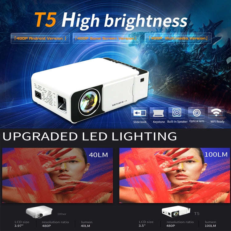 T5 100ANSI Lumens 800x400 Resolution 480P LED+LCD Technology Smart Projector, Support HDMI / SD C...