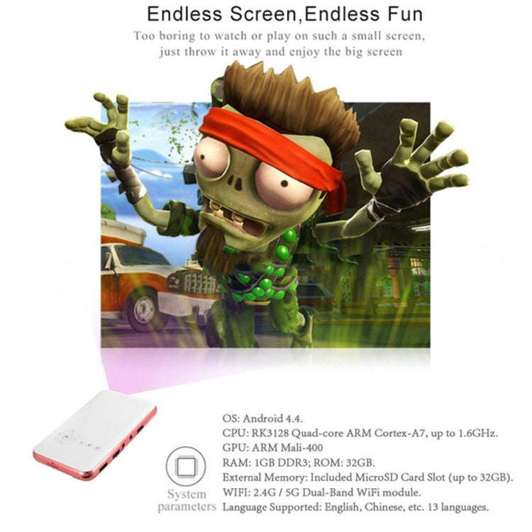 Wejoy DL-S6+ 1000 Lumens 854x480 Smart Mini Projector, RK3128 CPU, 1GB+32GB, Android 4.4, Bluetoo...