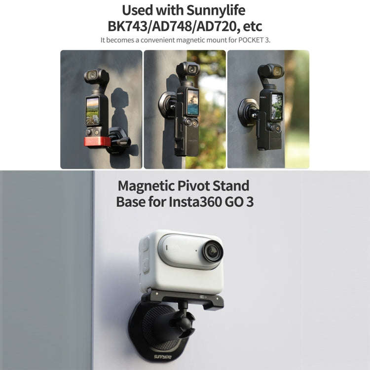 Sunnylife Universal Metal Magnetic Base 1/4 inch Adapter Aluminium Alloy Pivot Stand Base (Black)