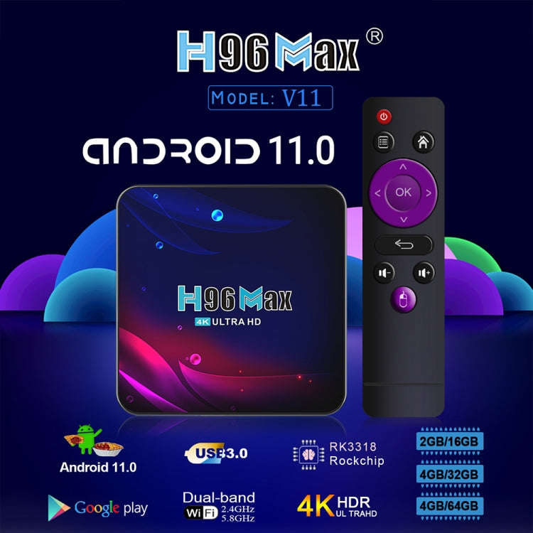 H96 Max V11 4K Smart TV BOX Android 11.0 Media Player with Remote Control, RK3318 Quad-Core 64bit...
