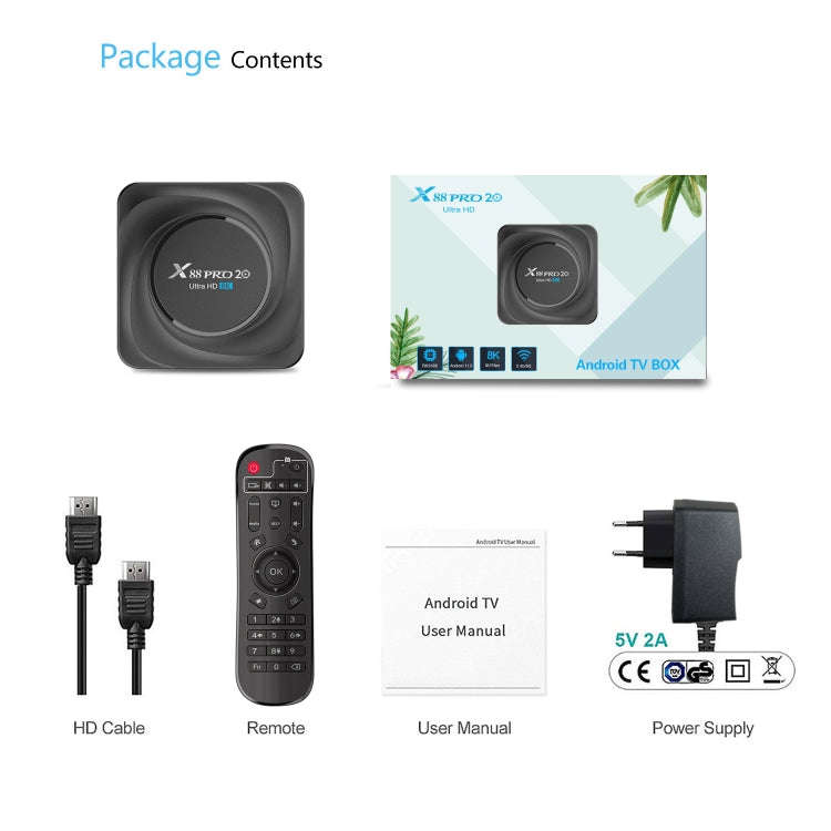 X88 Pro 20 4K Smart TV BOX Android 11.0 Media Player with Infrared Remote Control, RK3566 Quad Co...