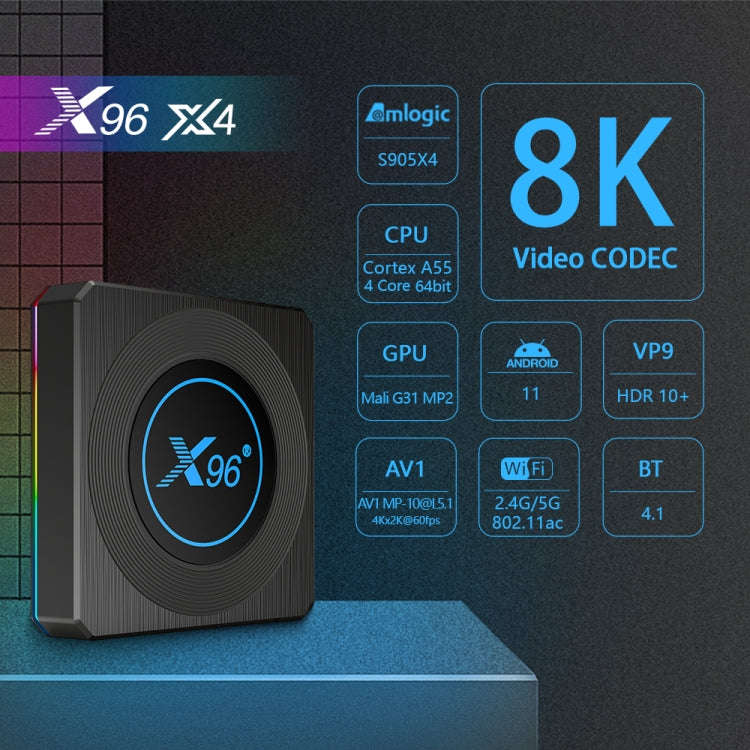 X96 X4 8K Smart TV BOX Android 11.0 Media Player with Remote Control, Amlogic S905X4 Quad Core AR...