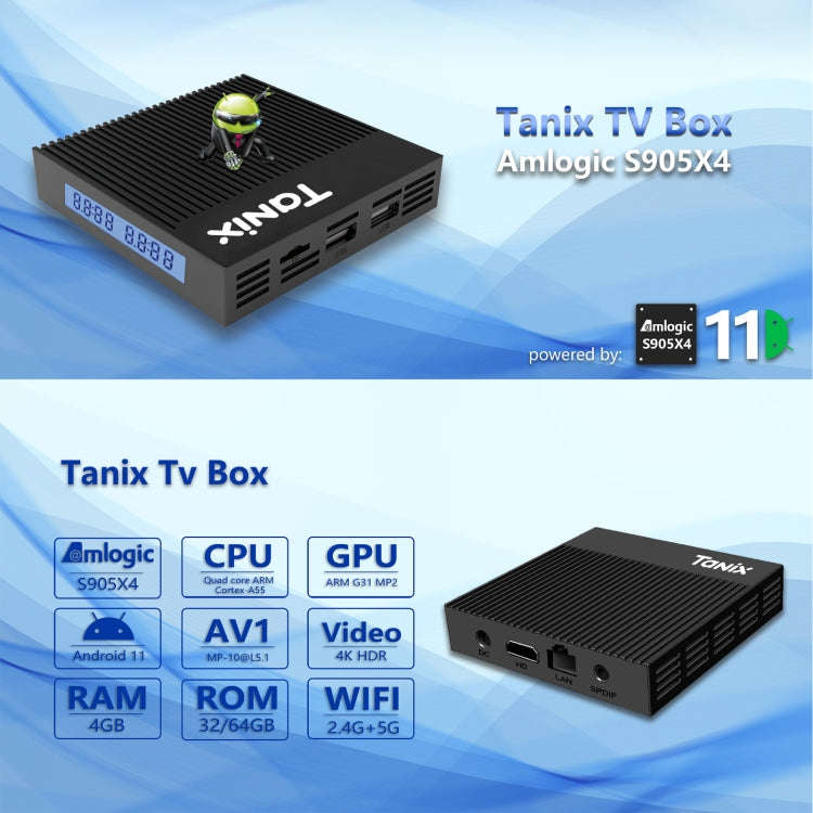 Tanix X4 Android 11 Smart TV Box, Amlogic S905X4 Quad Core, 4GB+64GB, Dual Wifi, BT(EU Plug)