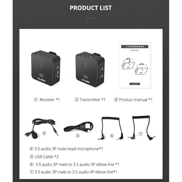 YELANGU MX5 2.4G Live Broadcast Interview Wireless Recording Camera Microphone, 1 Receiver to 1 T...