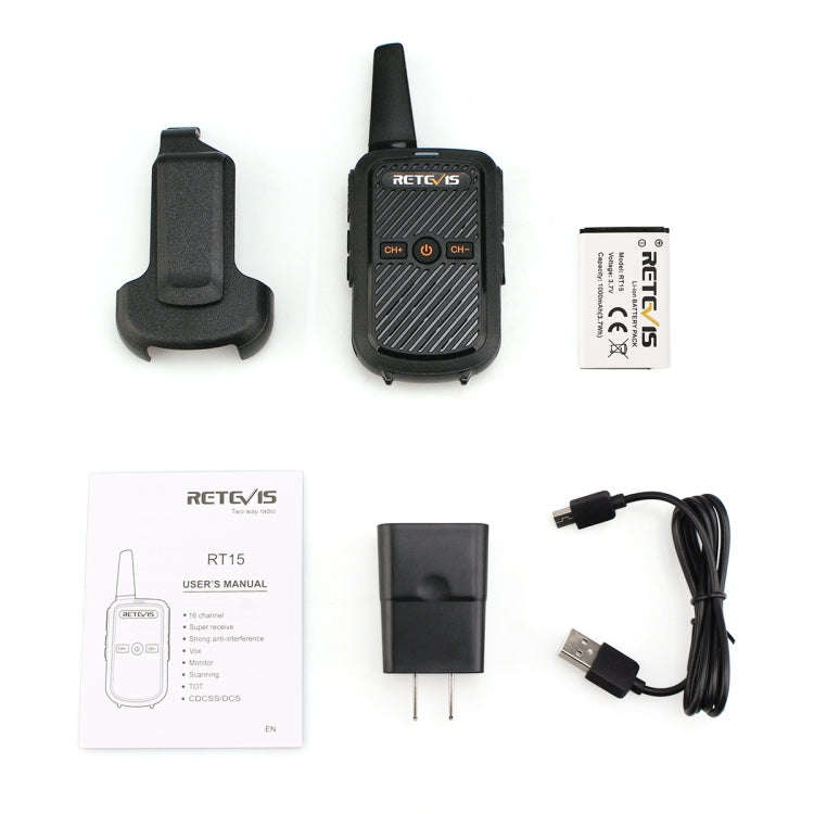 RETEVIS RT15 400-470MHz 16CHS Mini Two Way Radio Walkie Talkie, EU Plug(Black)