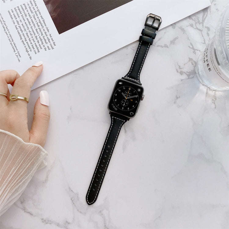 Sewing Plain Weave Small Waist Leather Watch Band For Apple Watch Series 9&8&7 41mm / SE 3&SE 2&6...