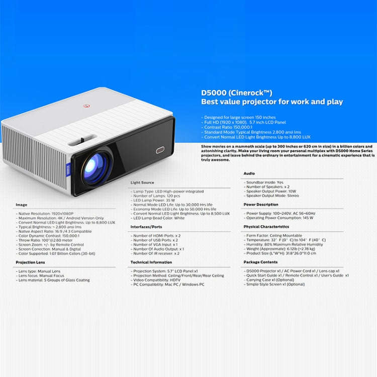 VIVIBRIGHT D5000 1920x1080P 420ANSI 6000Lumens LCD + LED HD Digital Projector, Android 9.0 EU Plug