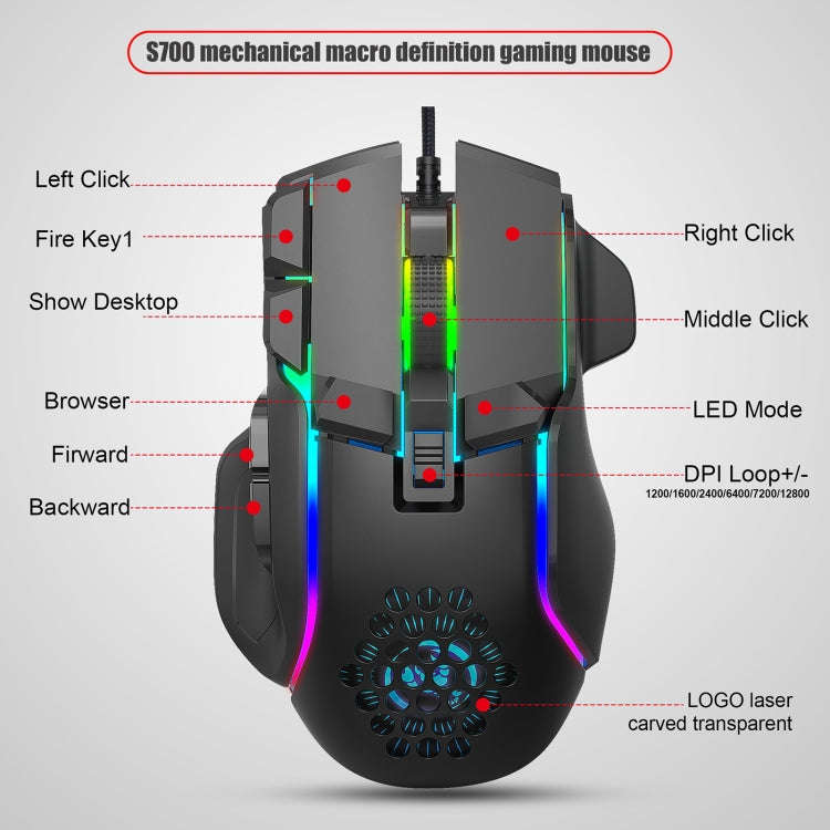 HXSJ S700 USB 12800dpi Adjustable 10-Keys Mechanical Wired Gaming Mouse(Black)