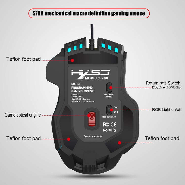HXSJ S700 USB 12800dpi Adjustable 10-Keys Mechanical Wired Gaming Mouse(Black)